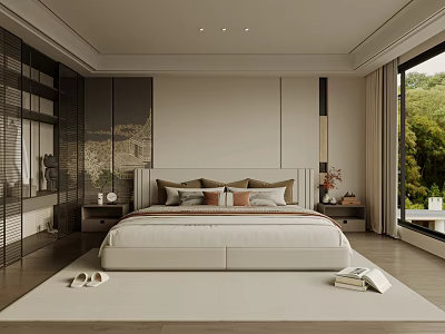 Modern Bedroom Interior With King Size Bed Wooden Nightstands Soft Carpet And Large Window 3d model