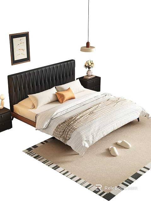 Double Bed With Black Leather Tufted Headboard White Bedding Orange Accent Pillow And Black Nightstands 3d model 