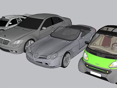 Different Car Models Featuring Sedan Convertible and Small Green Vehicle Design 3d model