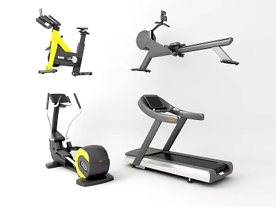 Different Types of Sports Equipment Including Stationary Bike Rowing Machine Elliptical Trainer and Treadmill 3d model