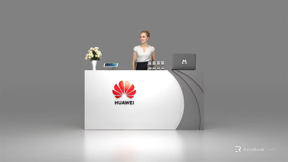 Modern Huawei Reception Desk With Receptionist Flower Vase Tablet And Laptop 3d model 