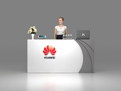 Modern Huawei Reception Desk With Receptionist Flower Vase Tablet And Laptop 3d model