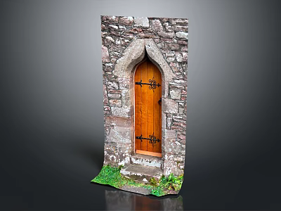 Rustic Stone Wall Entrance Gate With Arched Top Wooden Door And Green Plants 3d model