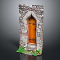 Rustic Stone Wall Entrance Gate With Arched Top Wooden Door And Green Plants
