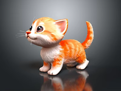Cute Orange White Striped Kitten Standing On Shiny Black Surface With Reflection And Big Eyes 3d model