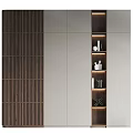 Modern Decorative Cabinet With Wooden Grid Panel And LED Lit Open Shelves