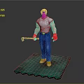 Male Character Wearing White Tank Top Blue Jeans Red Gloves Holding Hammer On Green Mat