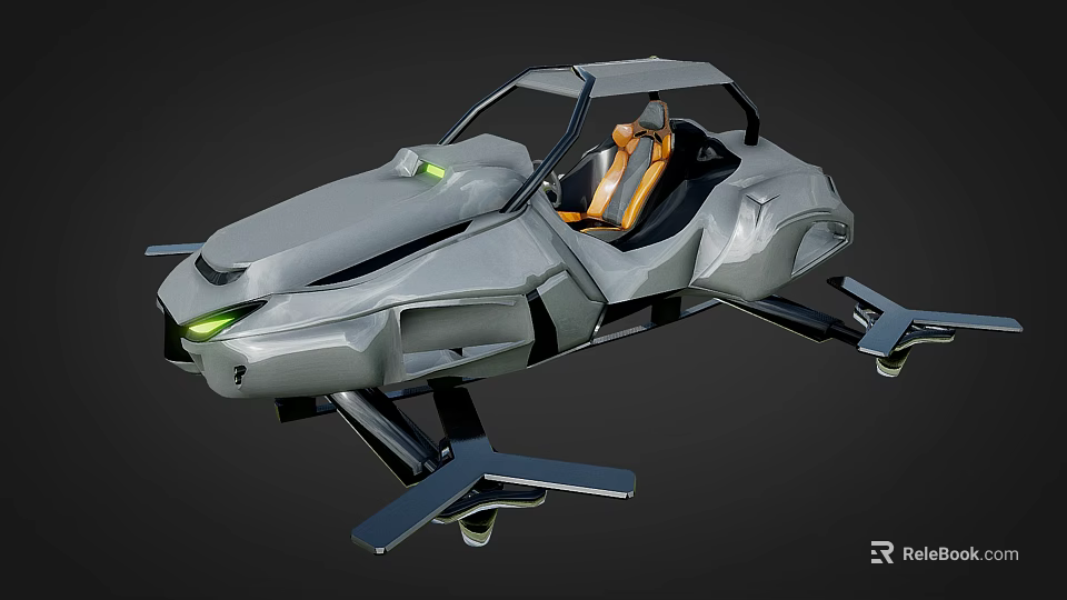 Futuristic Flying Car With Gray Body Orange Seats And Green Lights 3d model 