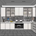 Modern Kitchen Interior With White Cabinets Dark Countertop Built-in Appliances Strip Lighting And Blinds