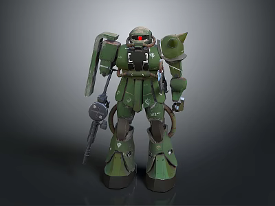 Detailed Green Mech Robot Character With Red Eye Holding Weapon And Mechanical Armor Design 3d model
