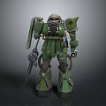 Detailed Green Mech Robot Character With Red Eye Holding Weapon And Mechanical Armor Design