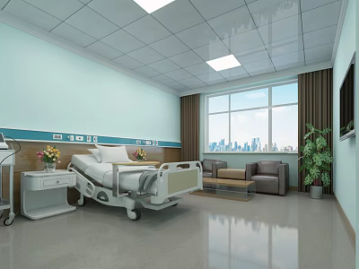 Hospital Outpatient Clinic Ward With Hospital Bed Sofa Light Green Walls And City View Window 3d model