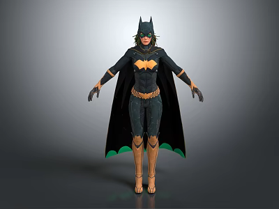 Female Batman Game Movie Character In Black Bodysuit With Green Accents Yellow Boots And Cape 3d model