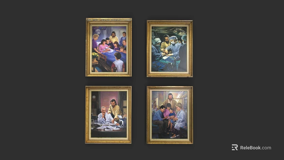 Four Golden Framed Oil Paintings With Human Figure Scenes On Dark Wall 3d model 