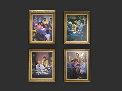 Four Golden Framed Oil Paintings With Human Figure Scenes On Dark Wall 3d model