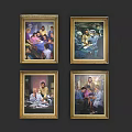 Four Golden Framed Oil Paintings With Human Figure Scenes On Dark Wall