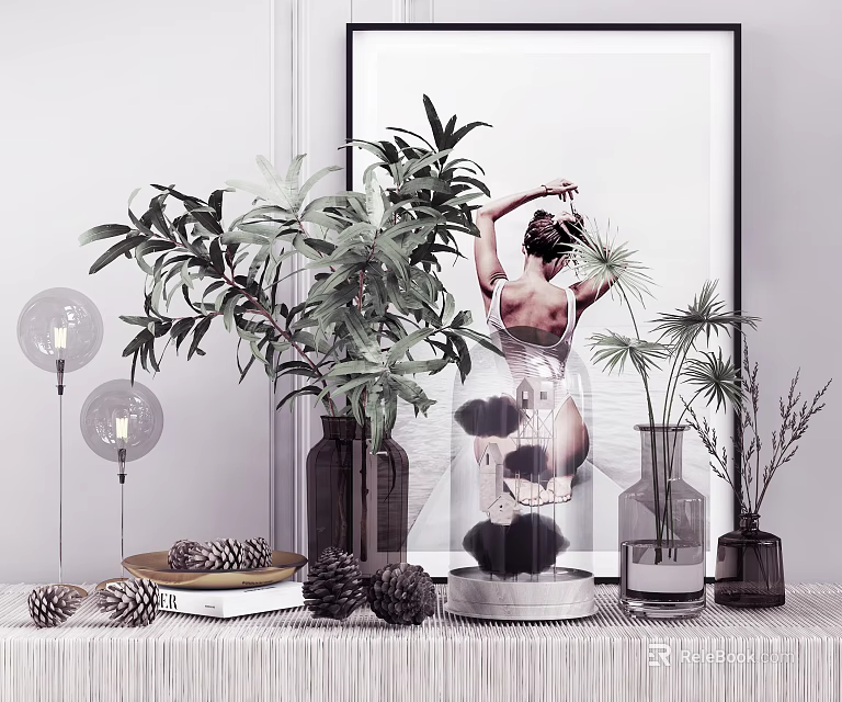 Elegant Decorative Ornament Set With Green Plants Glass Dome Pine Cones Lantern Lamps And Vases 3d model 