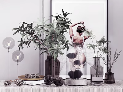 Elegant Decorative Ornament Set With Green Plants Glass Dome Pine Cones Lantern Lamps And Vases 3d model