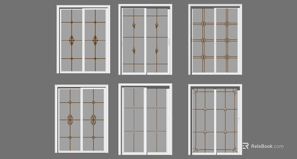 Sliding Doors with Decorative Glass Patterns and White Frames for Home Design 3d model