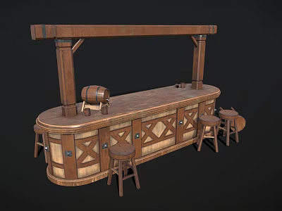 Rustic Wooden Bar With Beam Structure Diamond Pattern Doors Stools And Barrel Decoration 3d model