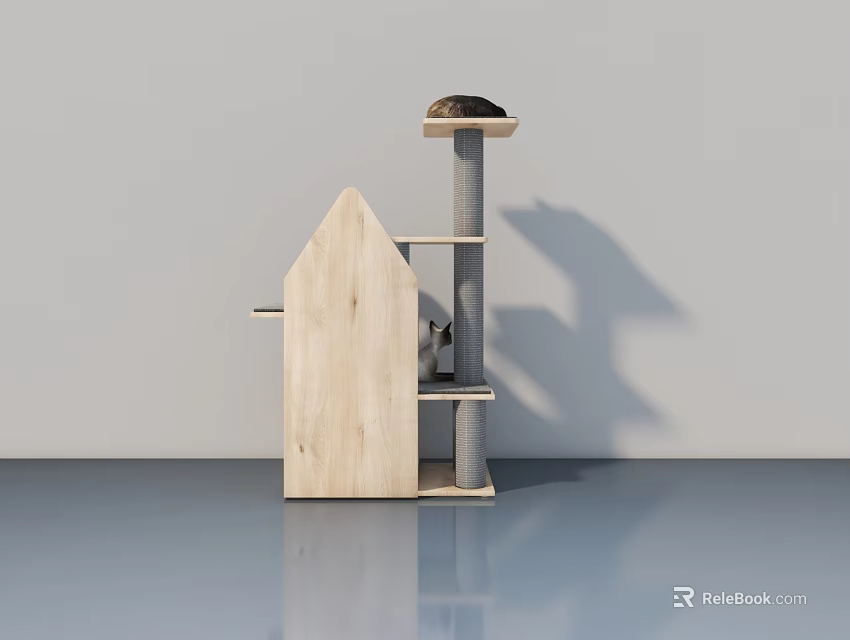 Wooden Swing Door Cat Tree Structure With Platform And Gray Post 3d model