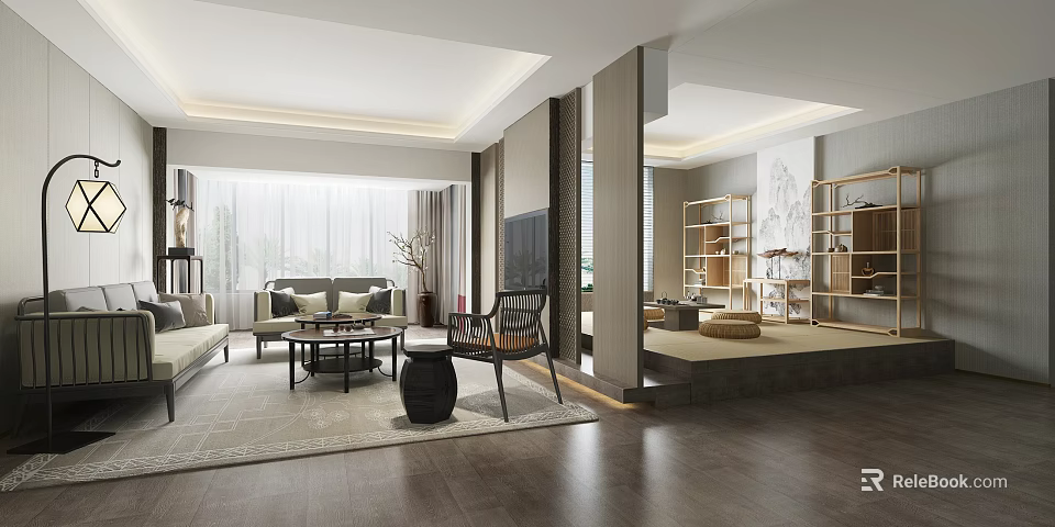 Modern Living Room Interior With Sofa Coffee Table TV Bookshelves Decorative Wall And Wooden Floor 3d model 
