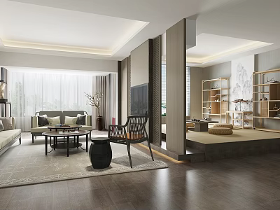 Modern Living Room Interior With Sofa Coffee Table TV Bookshelves Decorative Wall And Wooden Floor 3d model