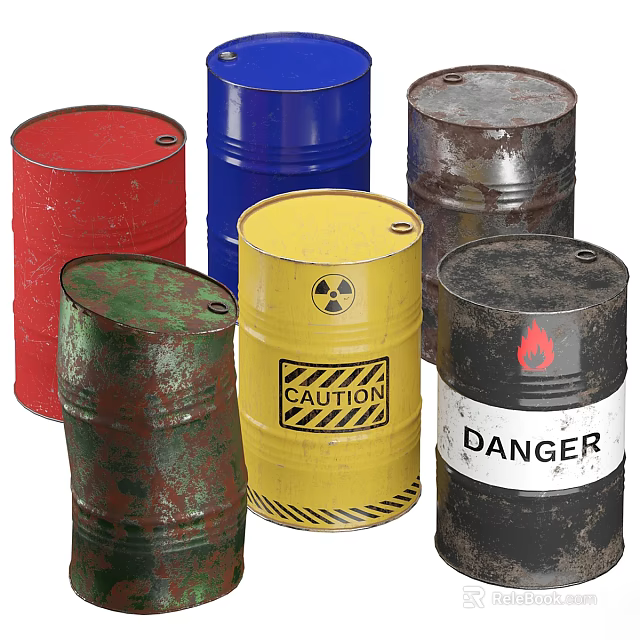 Colored And Rusty Industrial Barrels With Radioactive Caution Danger And Flame Hazard Signs 3d model 