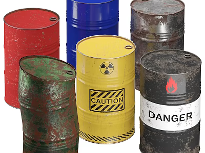 Colored And Rusty Industrial Barrels With Radioactive Caution Danger And Flame Hazard Signs 3d model