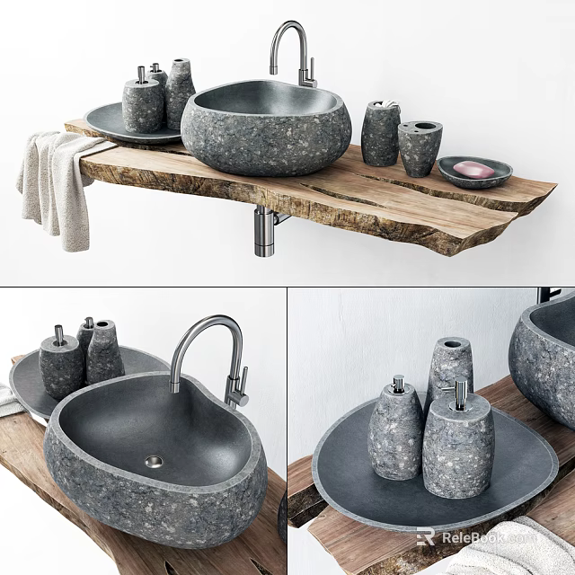 Rustic Stone Sink on Wooden Countertop with Bathroom Accessories and Towel 3d model 