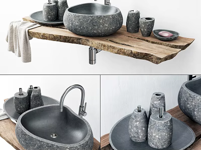 Rustic Stone Sink on Wooden Countertop with Bathroom Accessories and Towel 3d model