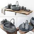 Rustic Stone Sink on Wooden Countertop with Bathroom Accessories and Towel
