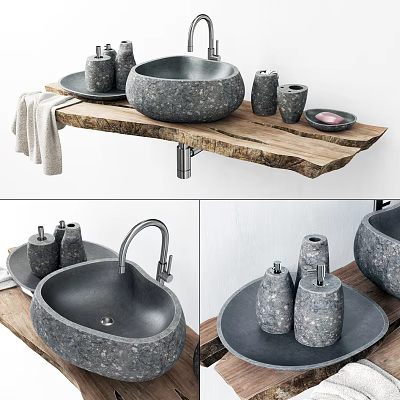 Rustic Stone Sink on Wooden Countertop with Bathroom Accessories and Towel 3d model