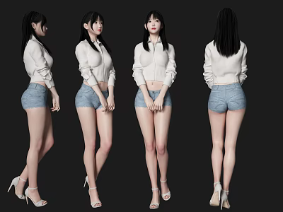 Woman in White Top and Denim Shorts Posing in Multiple Angles with High Heels 3d model