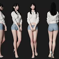 Woman in White Top and Denim Shorts Posing in Multiple Angles with High Heels