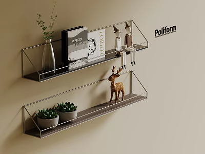 Wall Mounted Shelves with Metal Frame Glass Shelves and Decorative Plants Books Deer Figurine 3d model