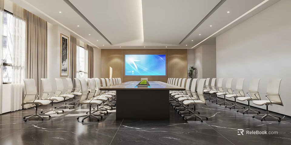 Modern Conference Room Interior With Long Table White Chairs Large Screen And Green Plant 3d model 