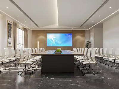 Modern Conference Room Interior With Long Table White Chairs Large Screen And Green Plant 3d model