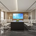 Modern Conference Room Interior With Long Table White Chairs Large Screen And Green Plant
