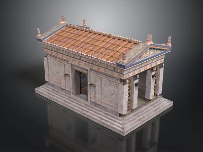 Ancient Style Stone Building With Tiled Roof Columns And Decorative Details 3d model