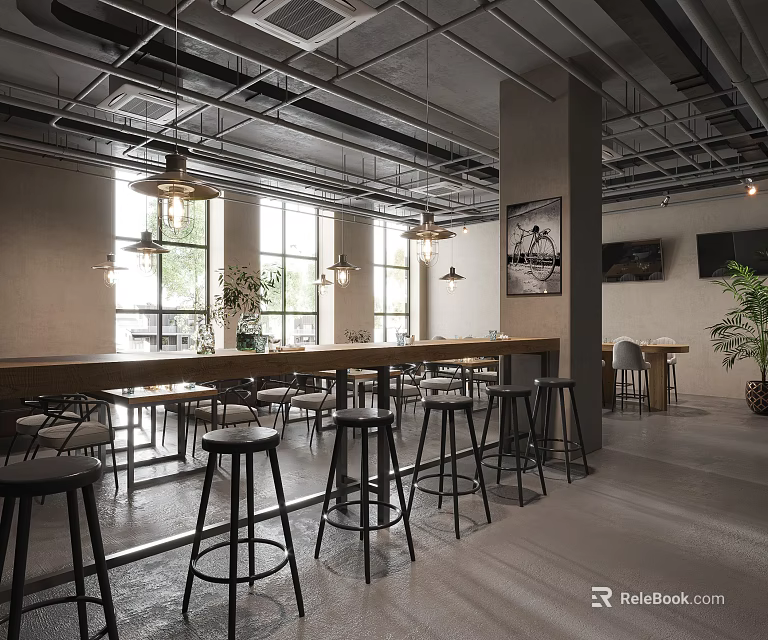 Industrial Style Restaurant Interior With High Ceilings Pendant Lights Bar Counter And Stools 3d model 