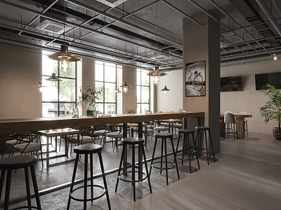Industrial Style Restaurant Interior With High Ceilings Pendant Lights Bar Counter And Stools 3d model