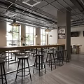 Industrial Style Restaurant Interior With High Ceilings Pendant Lights Bar Counter And Stools