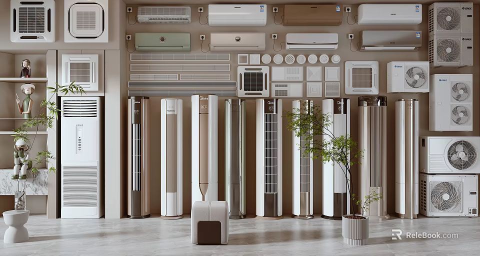 Modern Air Conditioners And Fans With Various Stylish Designs In Showroom 3d model 