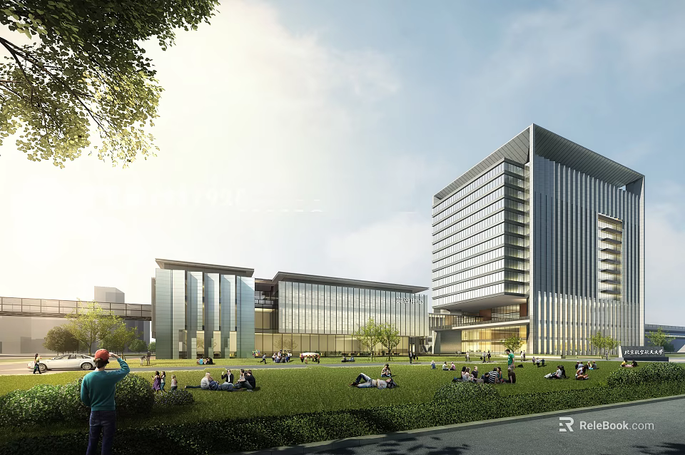 Modern Office Building Complex With Glass Curtain Walls Green Lawn And People Relaxing 3d model 