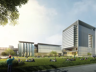 Modern Office Building Complex With Glass Curtain Walls Green Lawn And People Relaxing 3d model