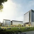 Modern Office Building Complex With Glass Curtain Walls Green Lawn And People Relaxing