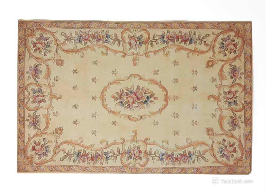 Intricate Floral Square Area Rug With Light Beige Background And Colorful Scroll Patterns 3d model 