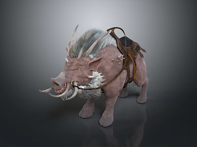 Wild Boar with Long Tusks Shaggy Mane and Leather Saddle in Detailed 3d model