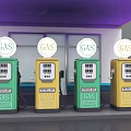 Cartoon Gas Filling Station With Green Yellow Pumps Blue White Striped Roof And Red Pillars